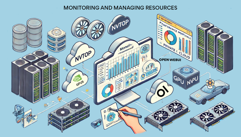 diagram of private cloud with control software for monitoring and managing resources